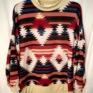 BiBi Burnt Orange/brown and Black Crew Neck Sweater with Geometric Pattern